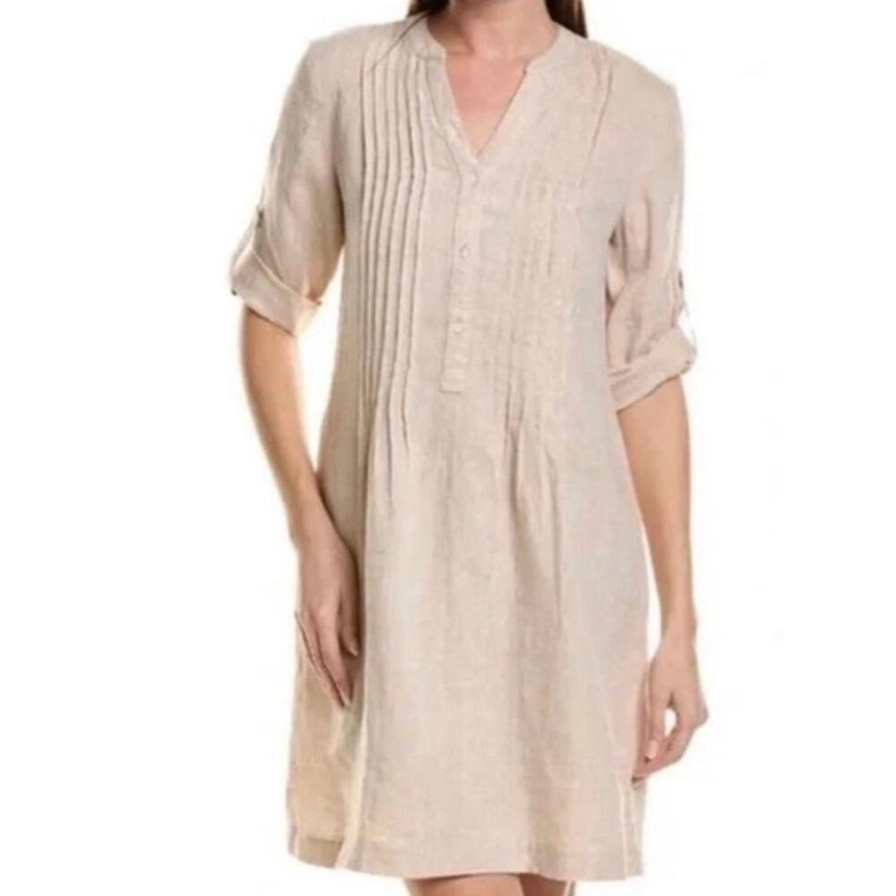 J McLaughlin Riviera Linen Dress Medium Beige Pintuck Roll Tab Sleeve Shift